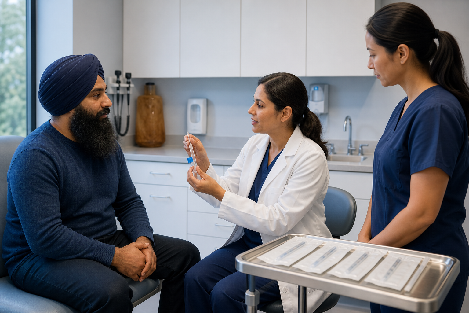 A clinician demonstrates a research sampling device to a turbaned Sikh participant beside a tray of standardized medical kits.