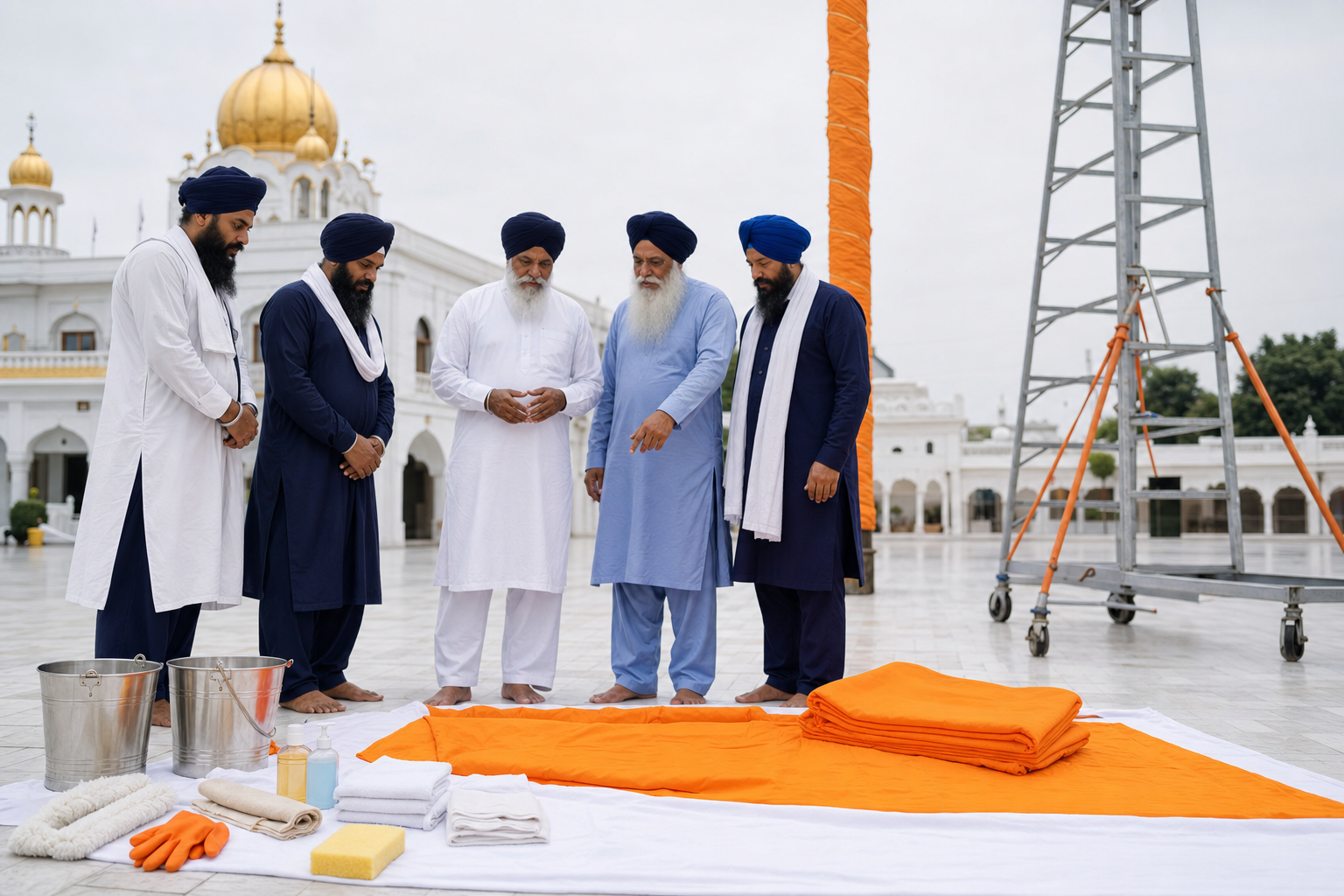 Designated sevadars prepare clean saffron cloth and maintenance materials for Nishan Sahib sewa in a gurdwara courtyard.
