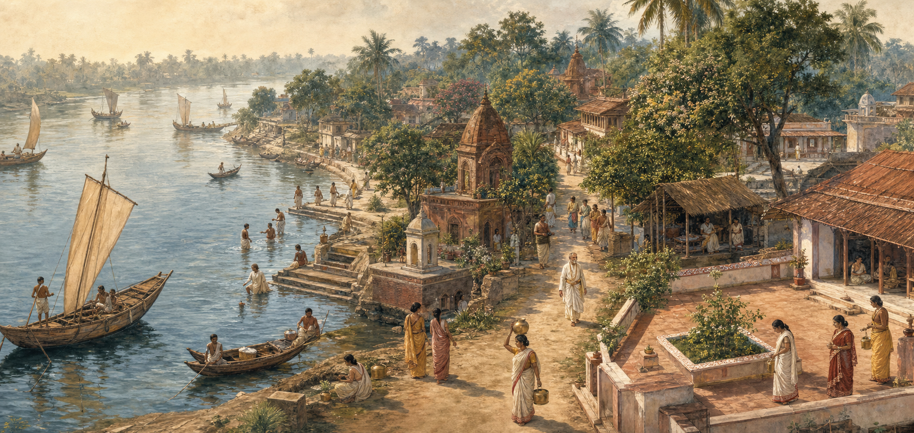 The Ganges, bathing ghats, homes, shrines, courtyards, paths, boats, and pilgrims form a sacred landscape around Advaita Acarya in Shantipur.
