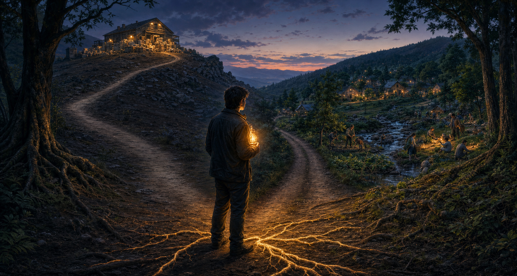 A person holding an oil lamp pauses at a fork between a barren storehouse of possessions and a village caring for water, crops, food, and trees.
