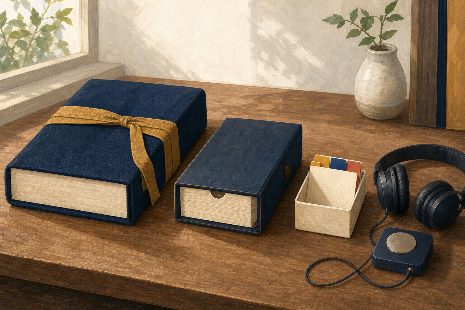 Nested book containers and colored page markers sit beside an audio player and headphones on a wooden reading table.