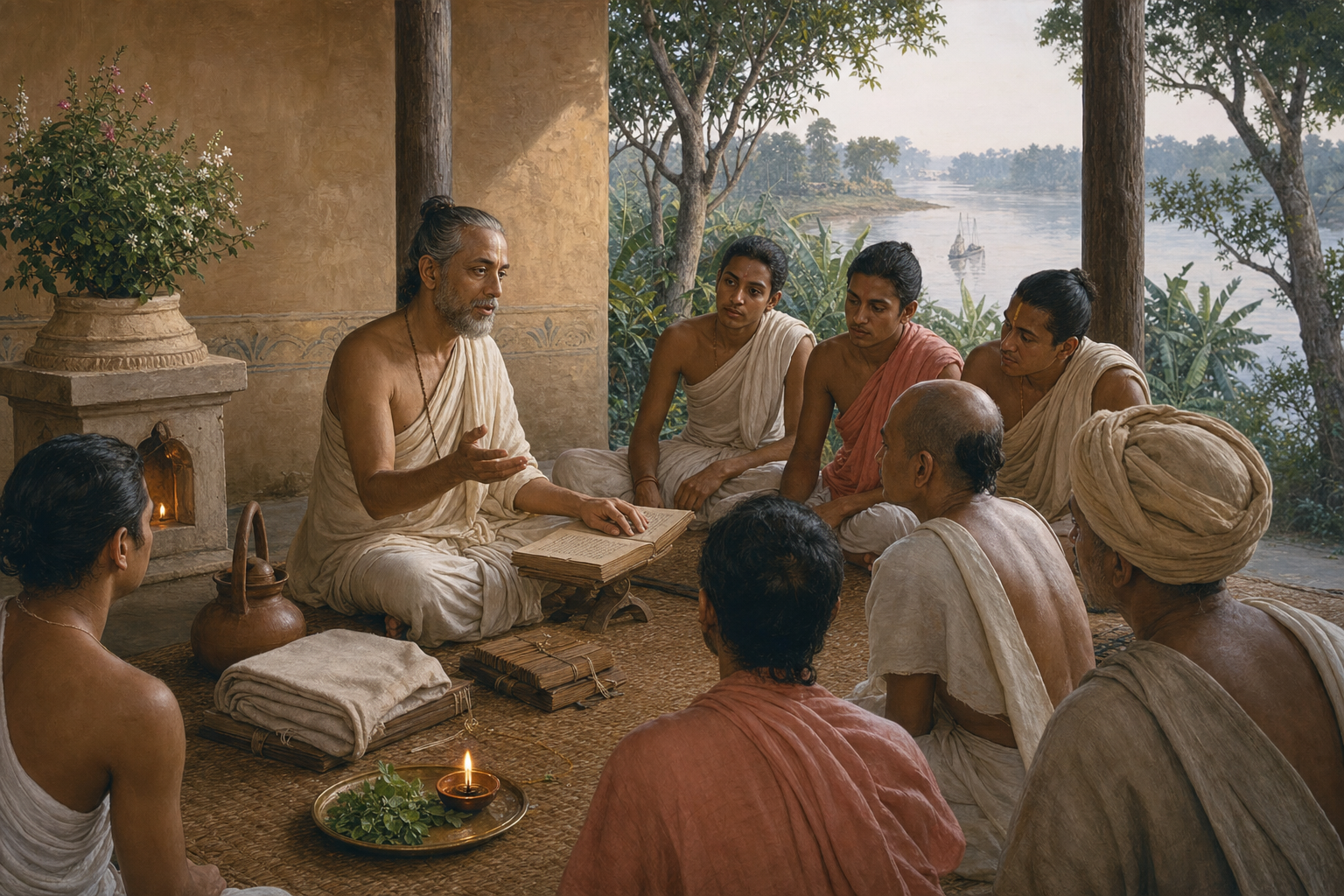 An artistic depiction of Advaita Acharya teaching a mixed group beside palm-leaf manuscripts, a water pot, tulasi leaves and an oil lamp.