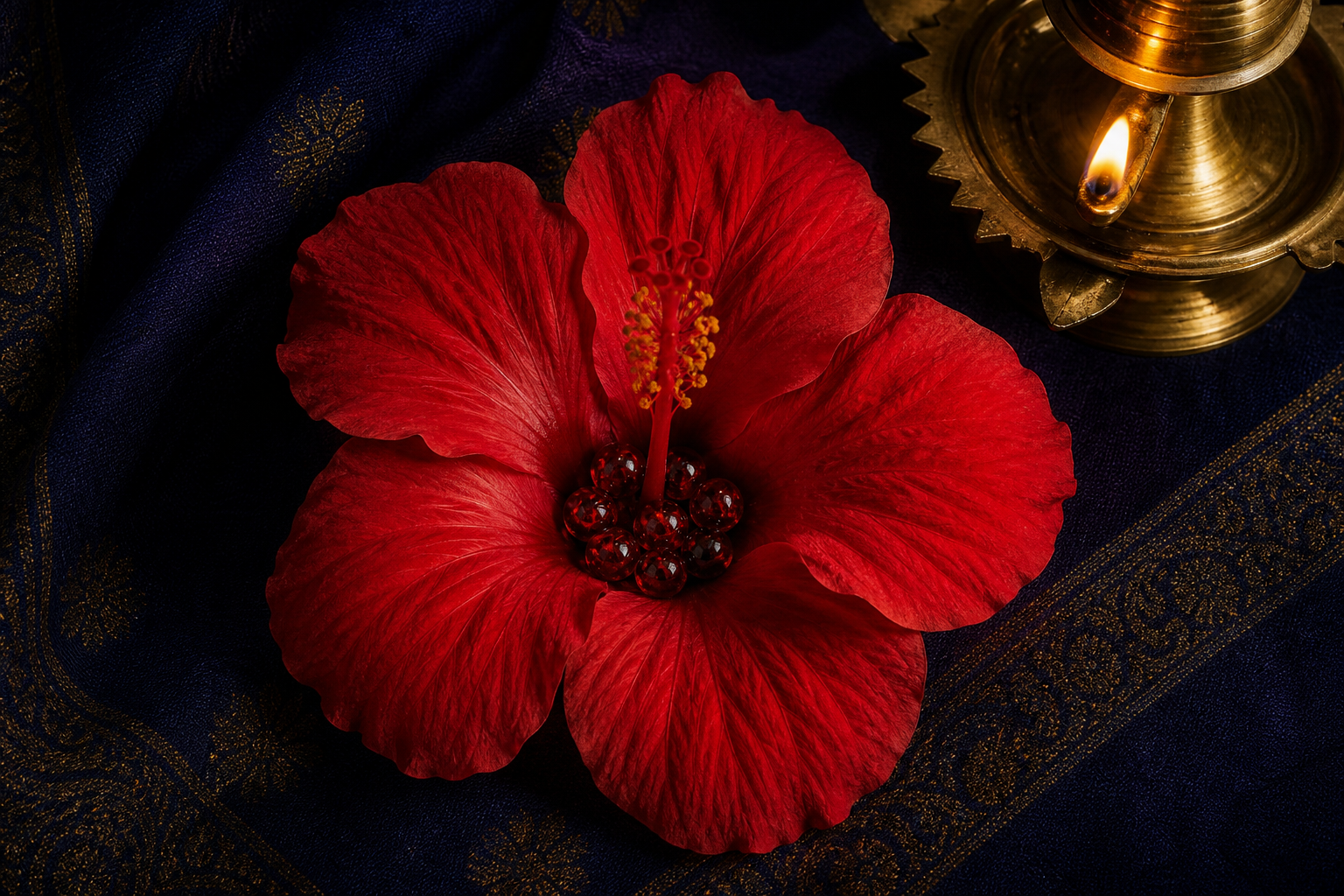 A red hibiscus holds several garnet-like red beads at its center on a dark indigo cloth beside a brass lamp.