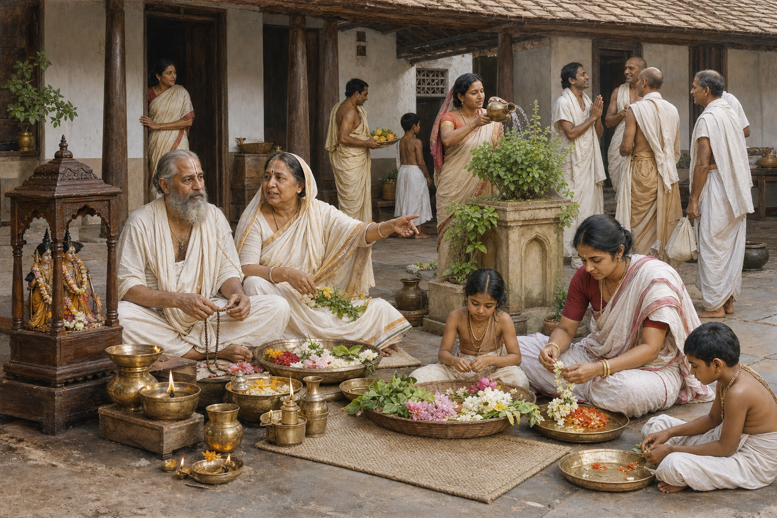 Advaita Acarya, Sita Thakurani, children, relatives, and visiting devotees share worship and household duties in a Bengal courtyard.