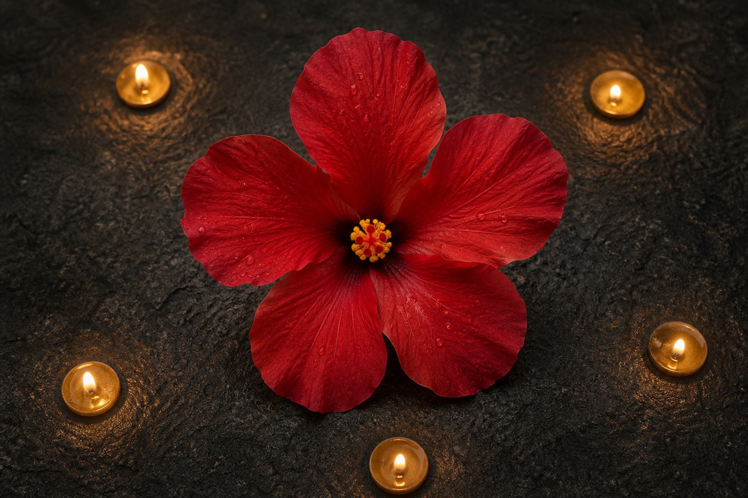 A five-petaled red hibiscus seen from above on dark stone, surrounded by five subtle pools of warm light.