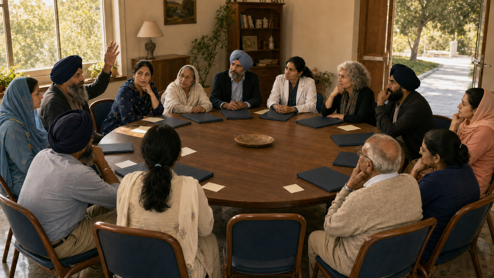 Sikh community members, clinicians, and an ethics representative question a research proposal together around a circular table.