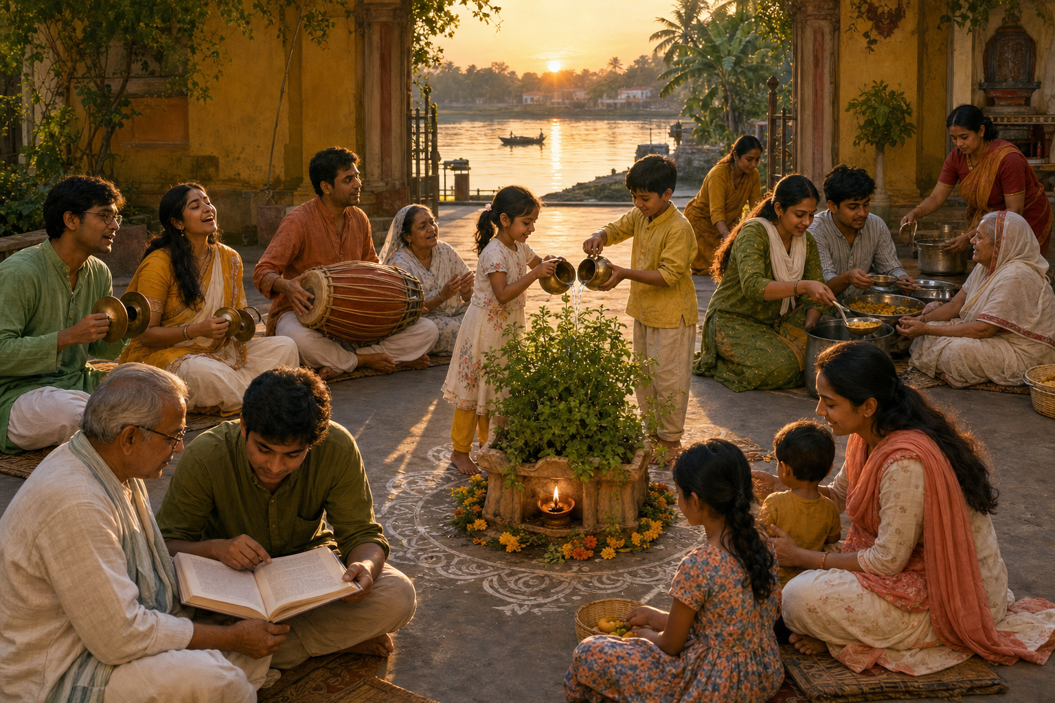 An intergenerational community sings, studies, serves a shared meal and tends a tulasi plant in a riverside courtyard.