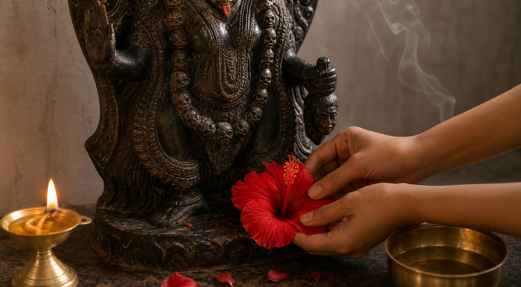 A devotee's hands place a red hibiscus at the feet of a dark stone Kali murti during a simple lamp-lit puja.