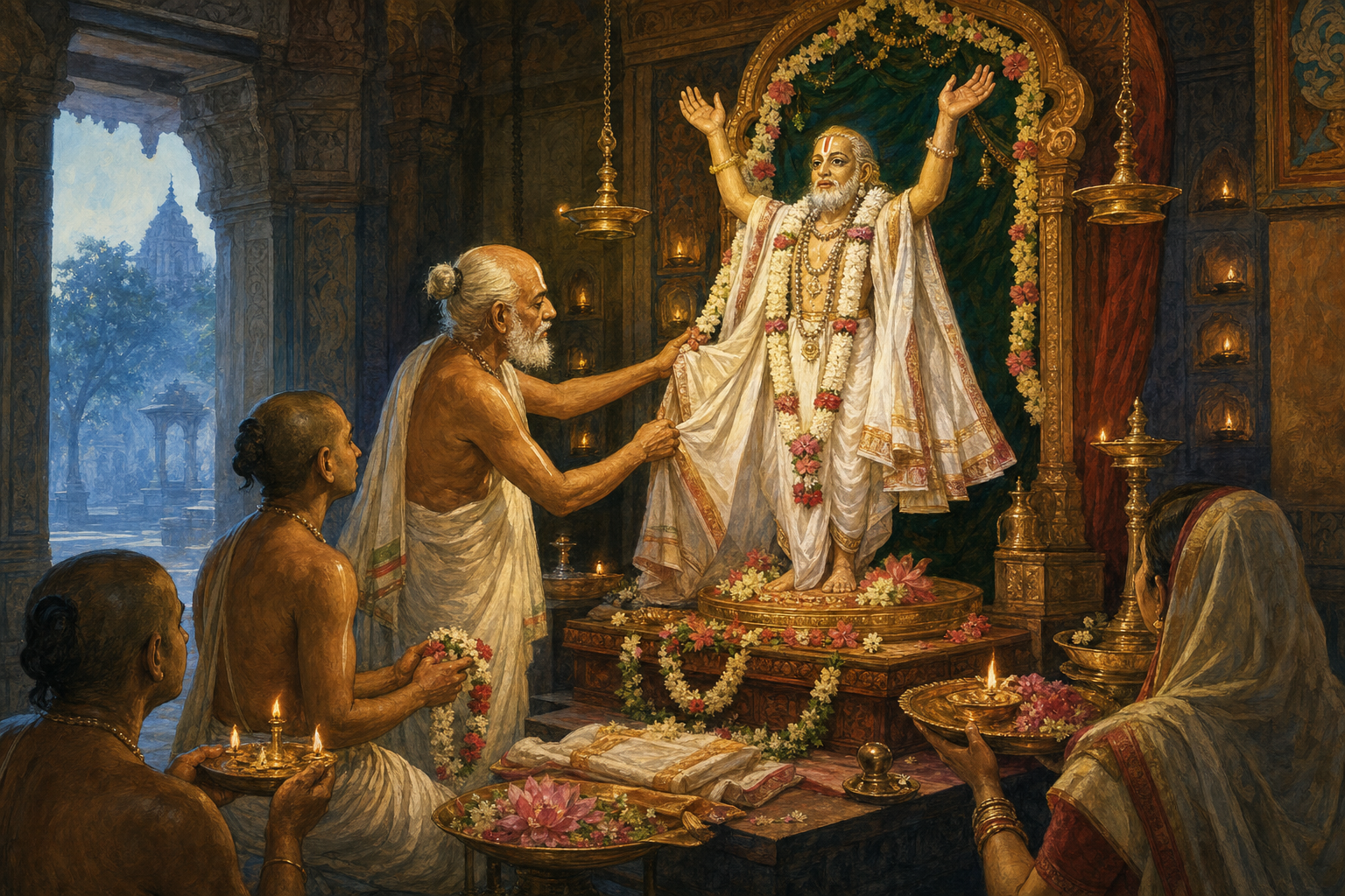 Priests dress and worship a raised-arm deity form of Advaita Acarya while a younger attendant observes the ritual practice.