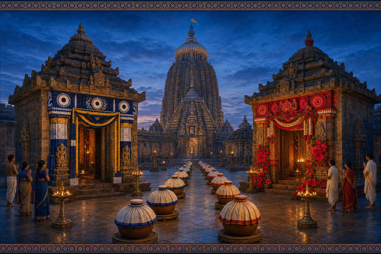Illustration of two distinct shrine thresholds in a Puri temple courtyard connected by covered earthen food vessels, with the main Odisha-style temple tower behind them at dusk.