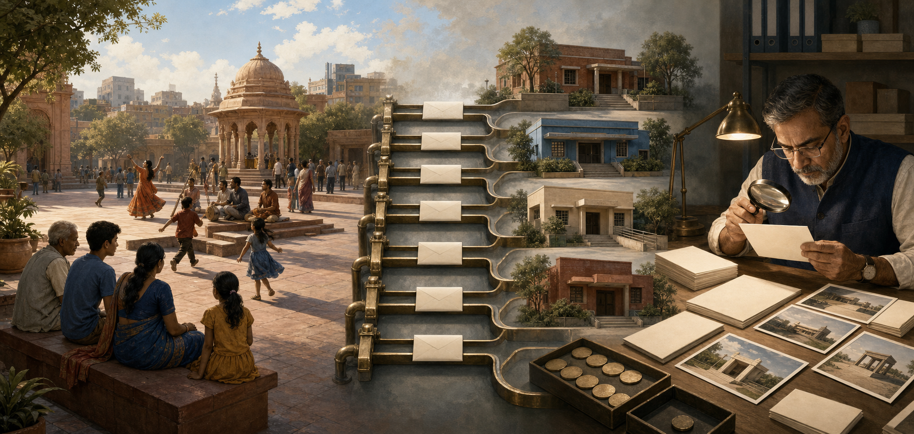 A continuous three-part scene shows residents using a public square, equal funding envelopes reaching different community institutions, and an auditor examining blank records with a magnifying lens.