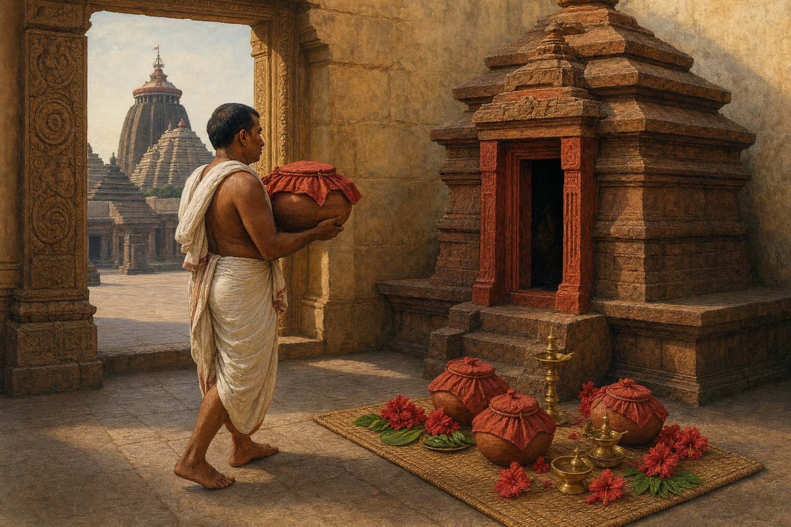 A temple attendant carries a covered earthen food vessel toward a Goddess shrine, with lamps and hibiscus flowers nearby and the main Puri temple tower visible in the distance.