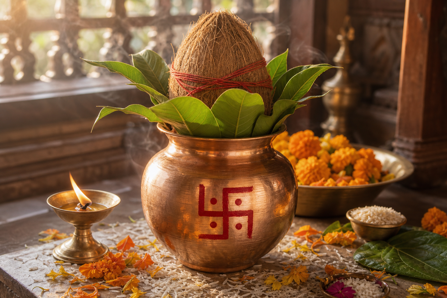 A copper Kalash marked with a red Hindu Swastika and topped with mango leaves and a coconut stands among marigolds, rice, and a brass oil lamp.