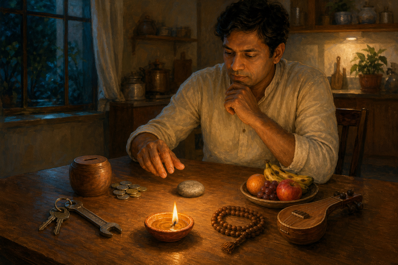 An adult at a kitchen table considers keys, tools, coins, fruit, a musical instrument, meditation beads, and an oil lamp.