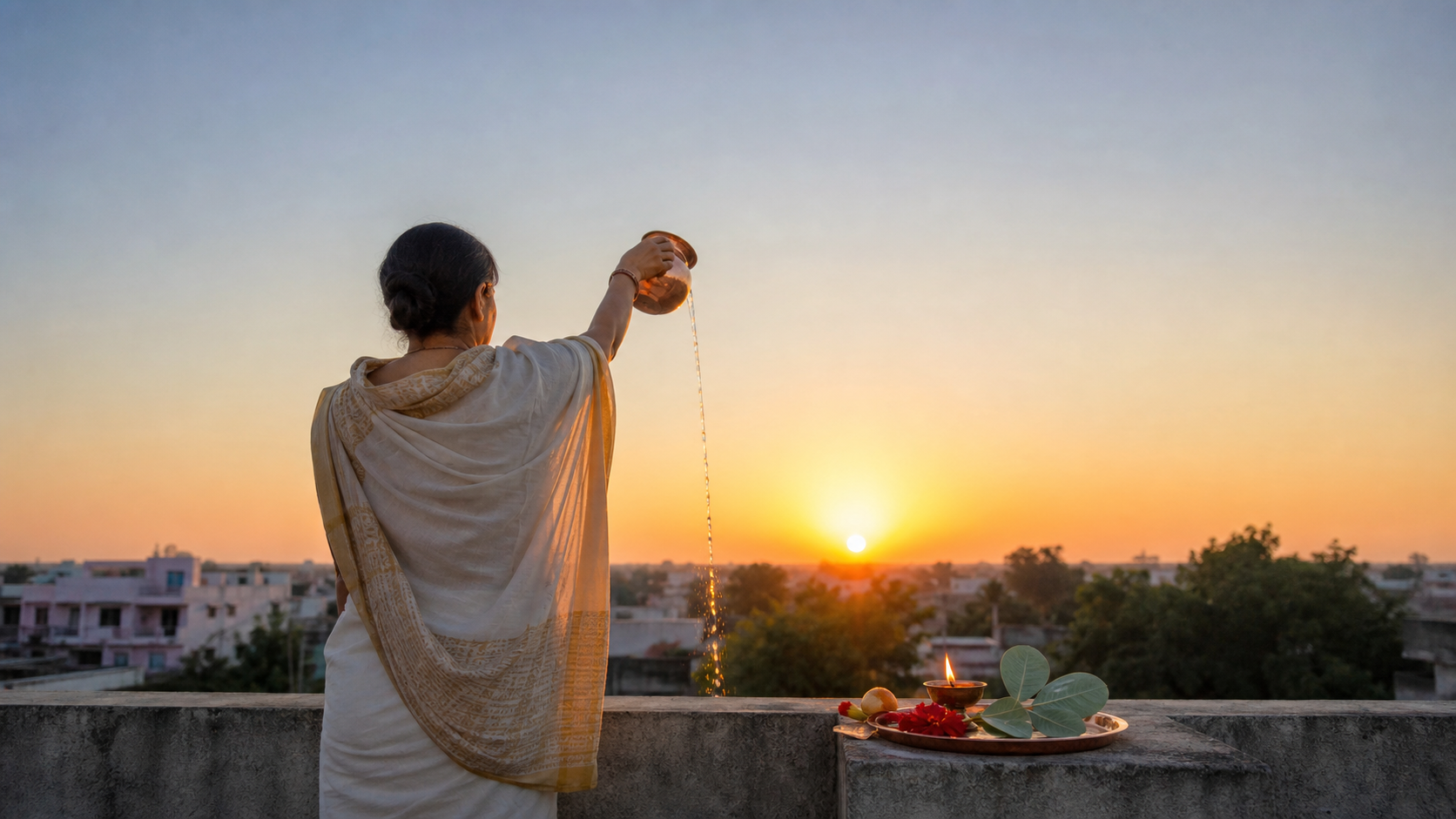 A devotee offers water from a copper vessel to the rising sun beside a simple Ratha Saptami puja tray.