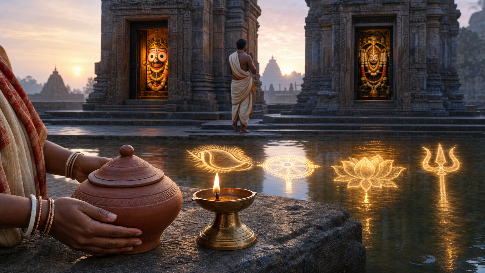 A layered temple scene shows a clay food offering in the foreground, reflected sacred symbols in the middle, and a devotee praying before separate shrine entrances in the background.