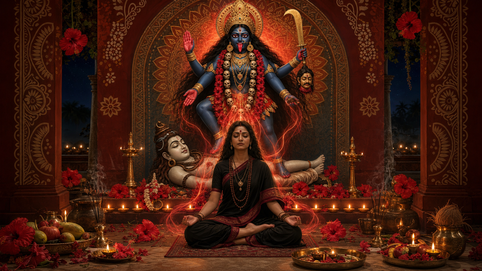 A seated Yogini practitioner meditates before a four-armed image of Goddess Kali surrounded by hibiscus flowers, incense, and glowing oil lamps during a nighttime puja.