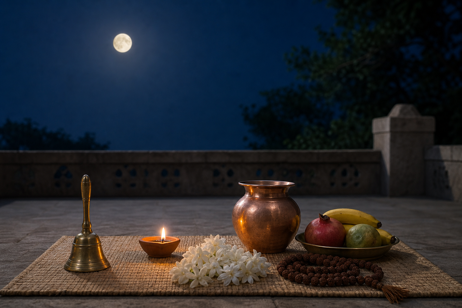 A full moon shines over an Indian courtyard where a diya, copper water vessel, flowers, fruit, bell, and prayer beads are arranged for Purnima observance.