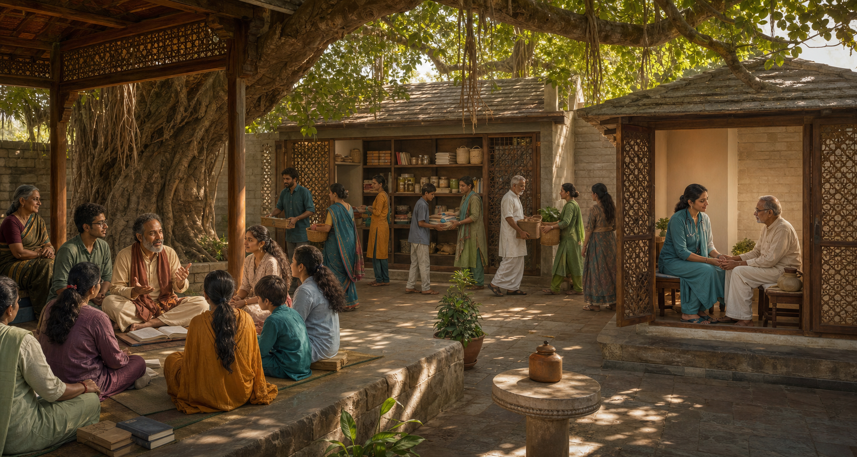 A community courtyard with a teacher leading a learning circle, a clinician consulting an older patient, and volunteers stocking books, medicine, food, and other shared supplies.