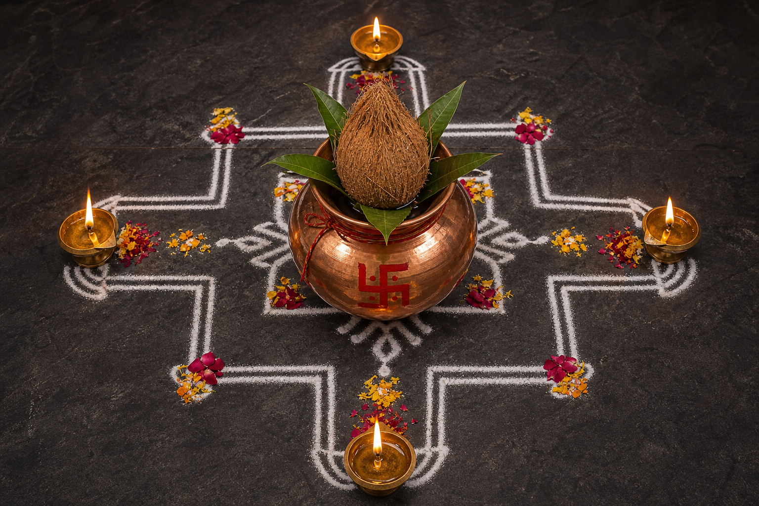 An overhead puja arrangement centers a Swastika-marked copper Kalash within a symmetrical pattern of flower petals, rice flour, and four oil lamps.