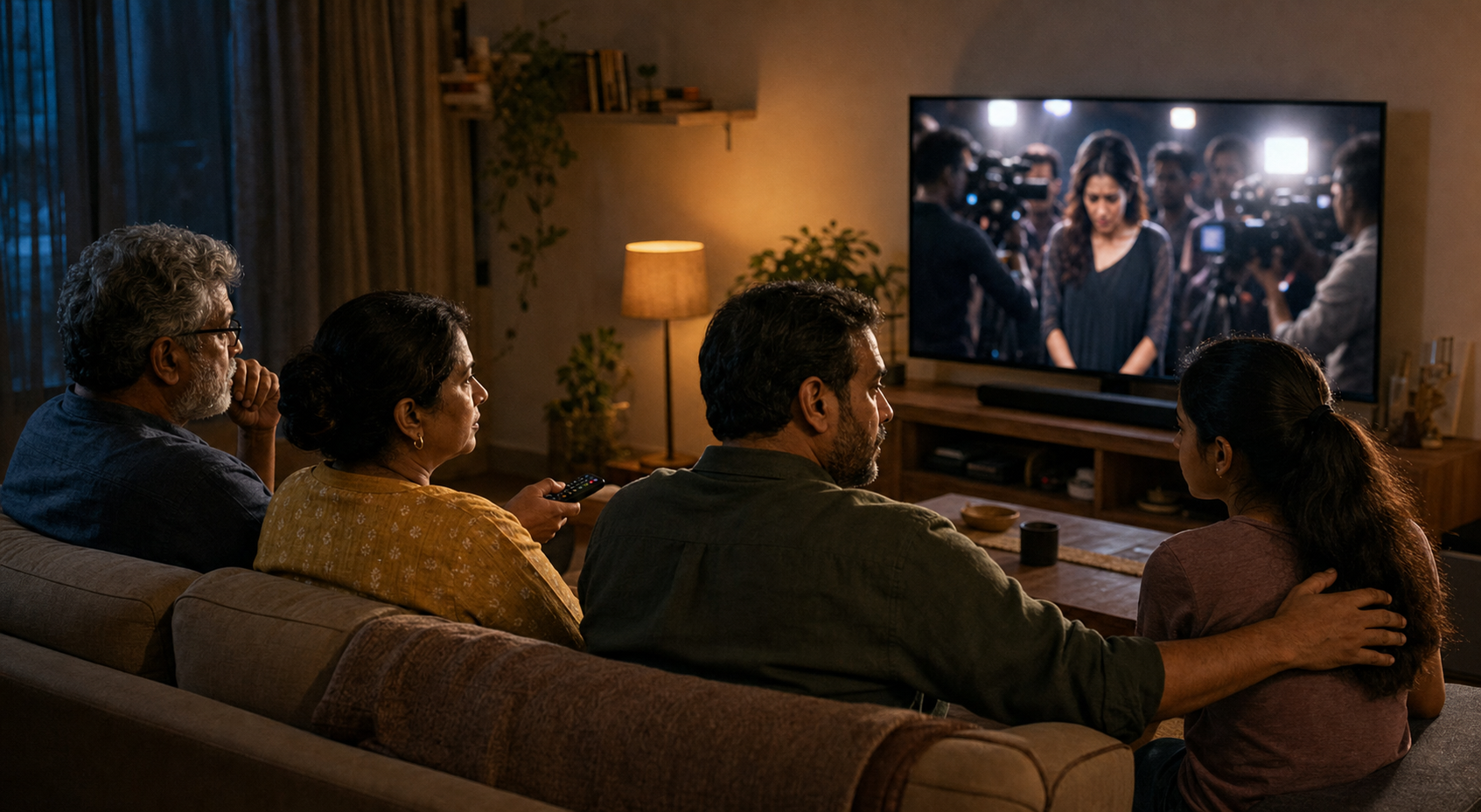 Three family members watch an indistinct television scene in which a distressed woman is surrounded by studio cameras and bright lights.