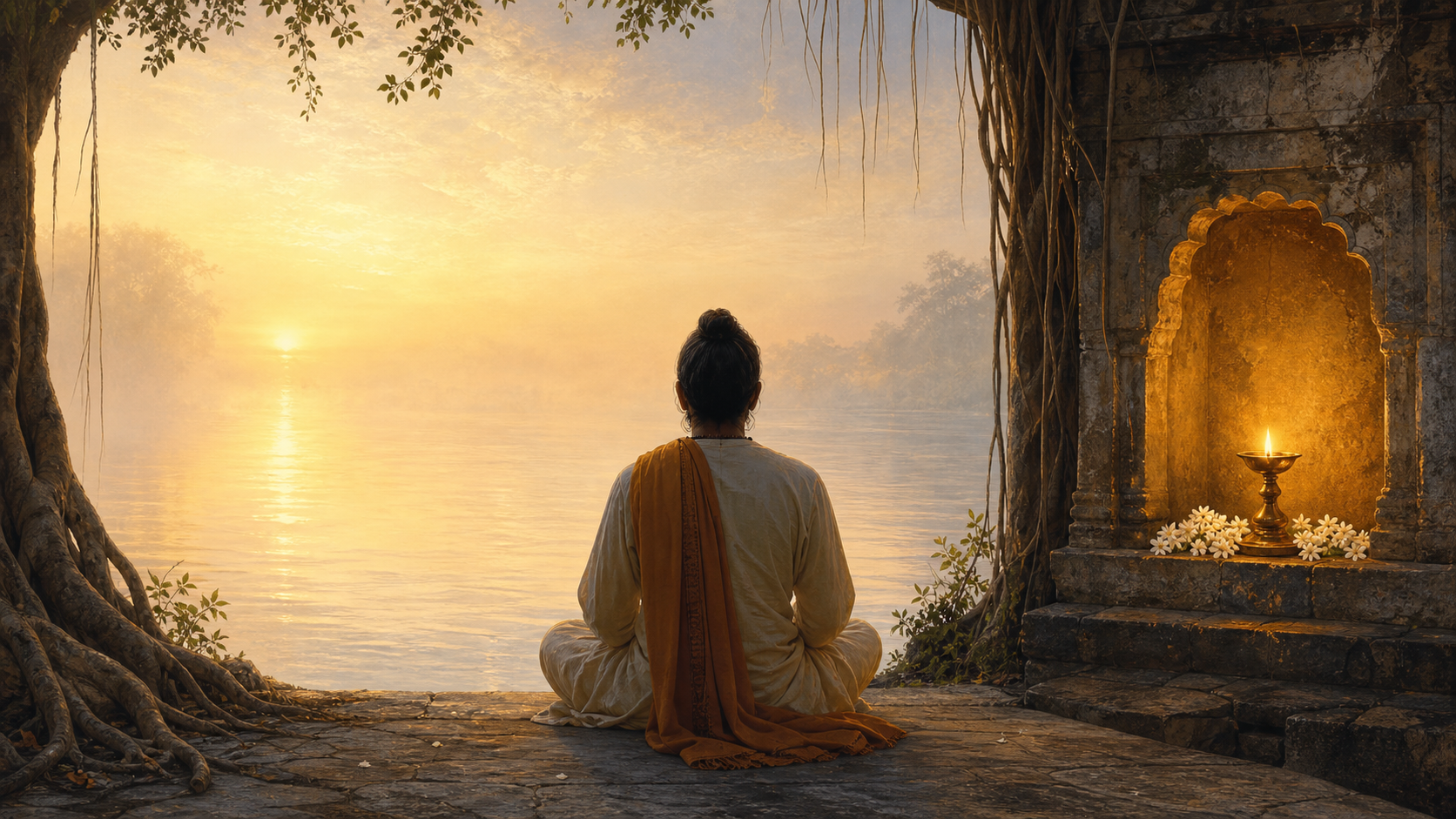 A practitioner sits beside a river between an open luminous horizon and a small shrine with an oil lamp and jasmine flowers.