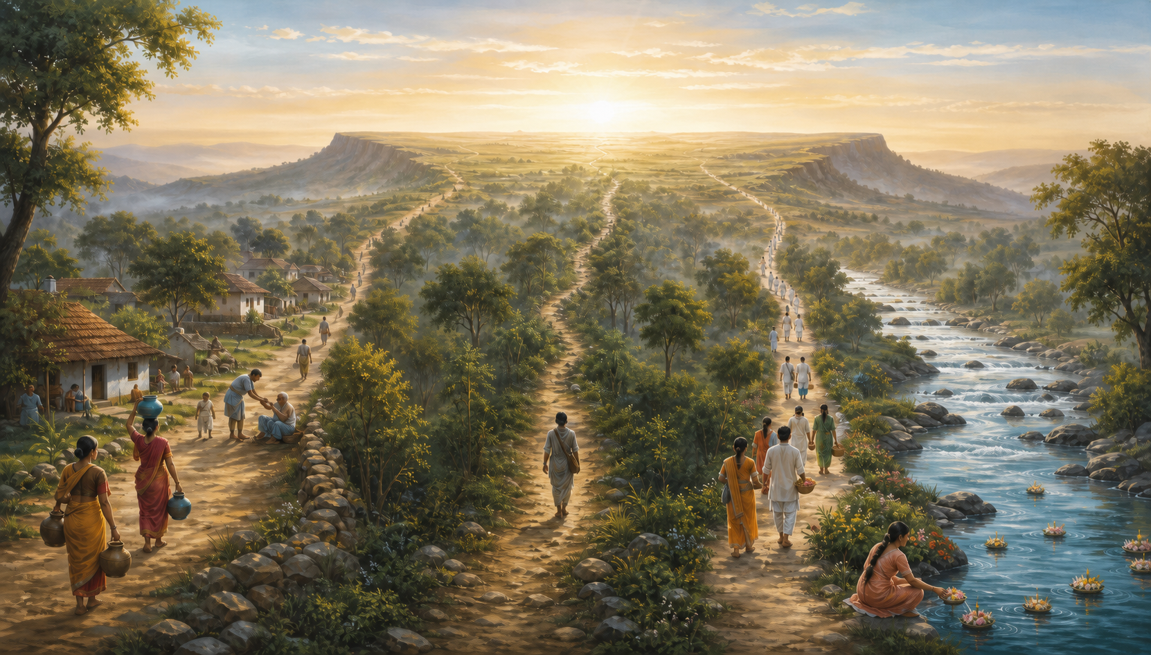 Travelers follow paths of community service, forest contemplation, and riverside devotion toward the same sunlit plateau.