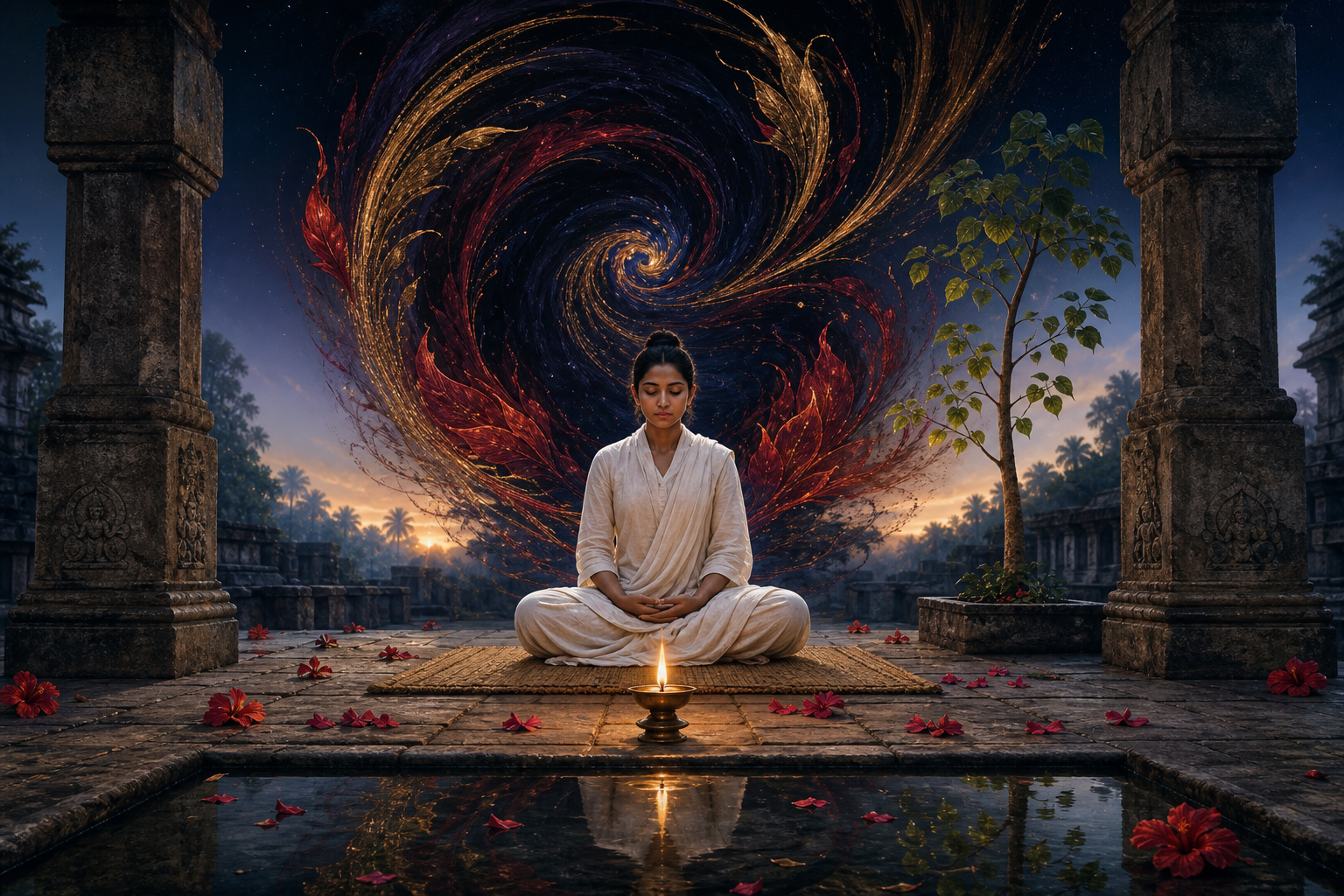 A calm Yogini meditates in a temple courtyard while swirling dark and crimson energy settles into the steady flame of an oil lamp before her.