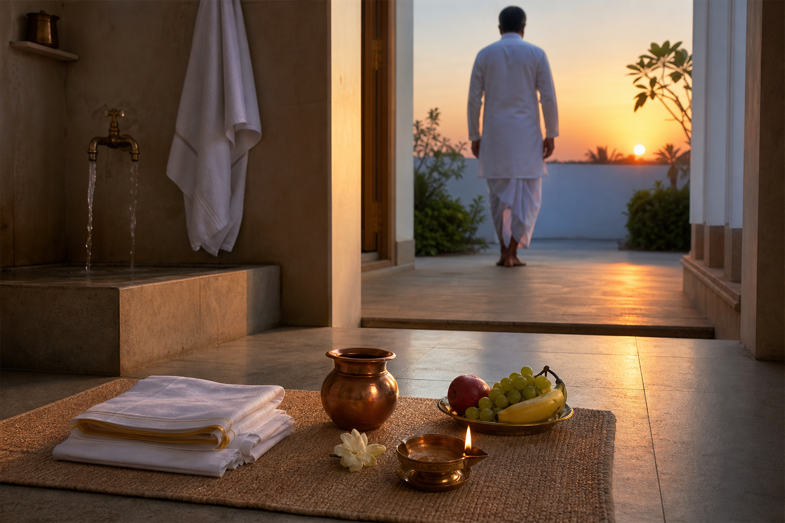 Bathing items, a copper vessel, a lamp, flowers, and fruit are prepared in a courtyard as the first light of sunrise appears.