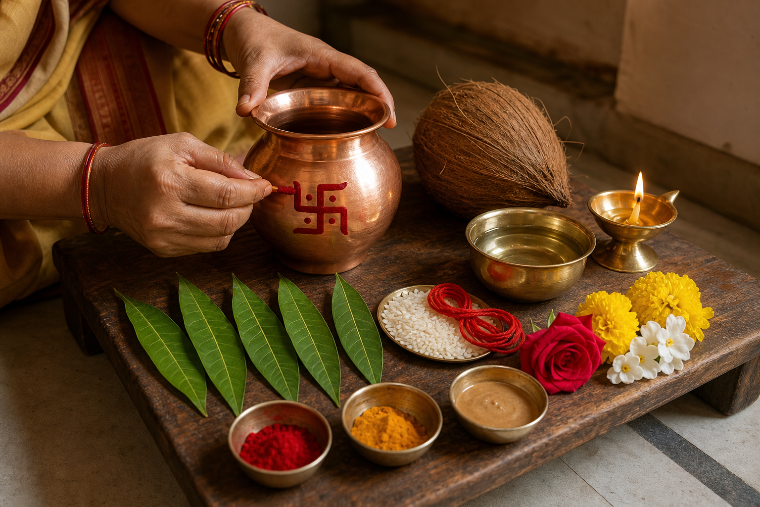 Hands apply a red Swastika to a copper Kalash beside water, rice, sacred thread, mango leaves, a coconut, flowers, and an oil lamp.