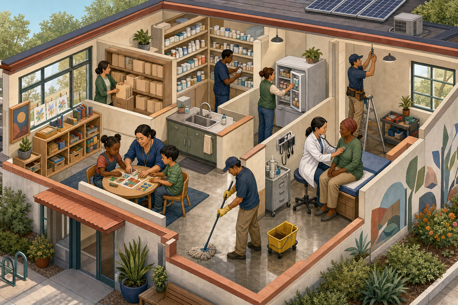 A cutaway of a community school and clinic showing a teacher and clinician alongside record keeping, medicine storage, cleaning, refrigeration, utilities, and maintenance work.