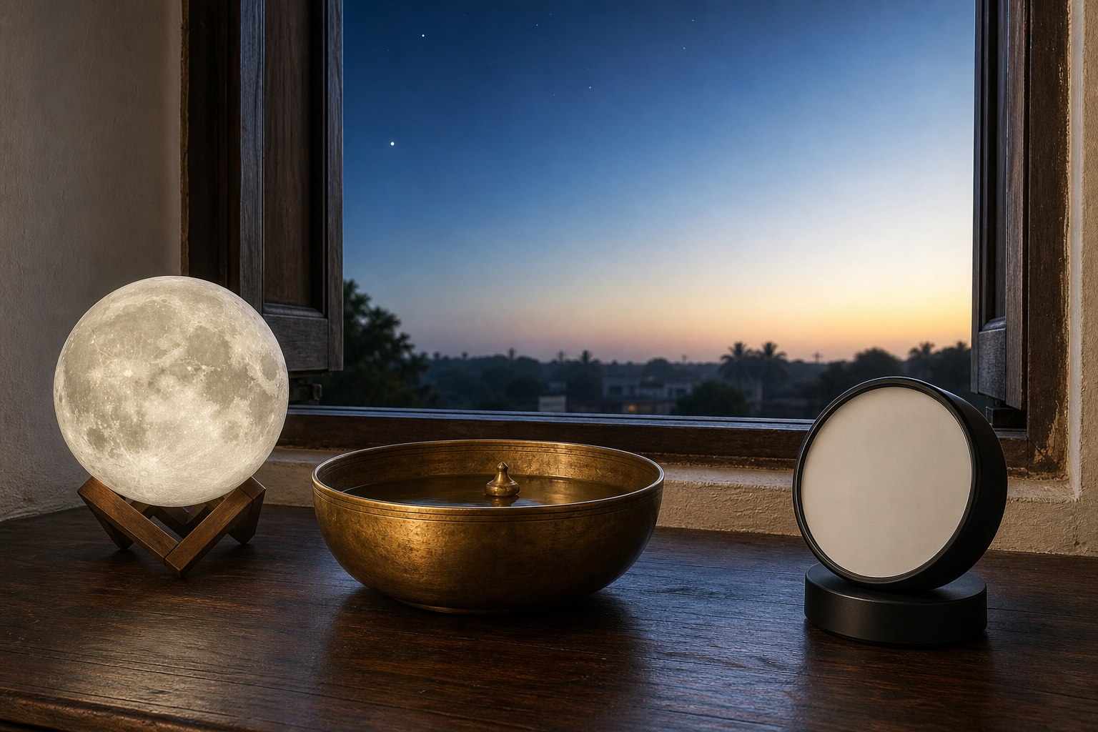 A full-moon model, a brass water-clock bowl, and a blank analog clock sit by a window under a sky transitioning from night toward dawn.