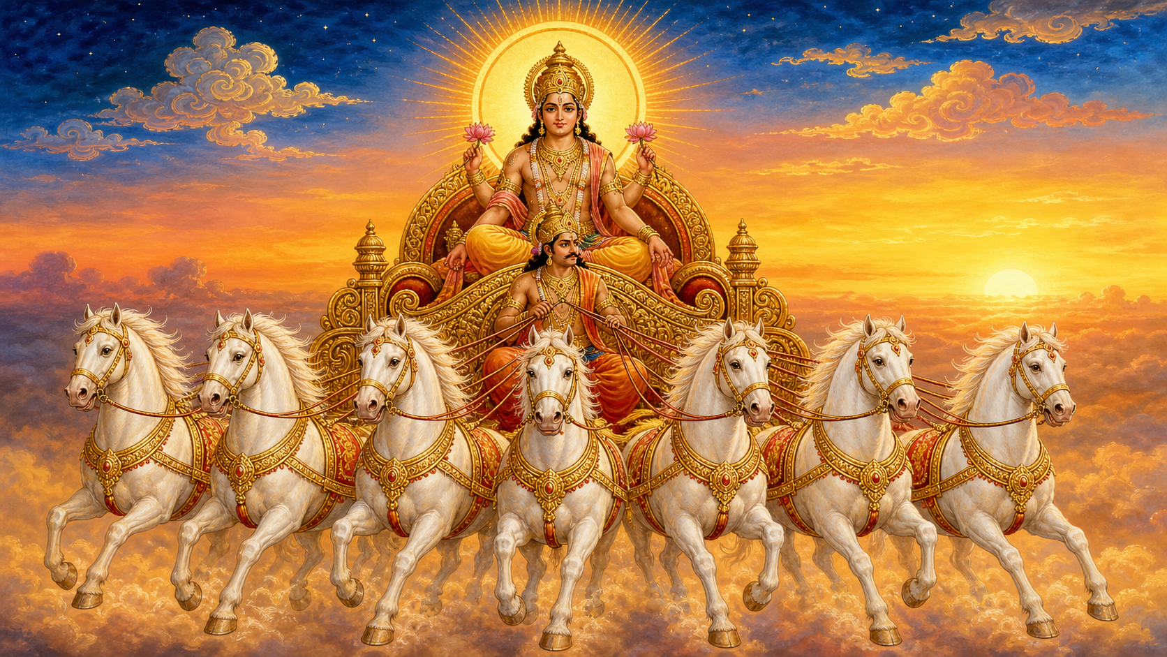 Surya rides in a golden chariot led by Aruna and drawn by seven white horses across a radiant sky.