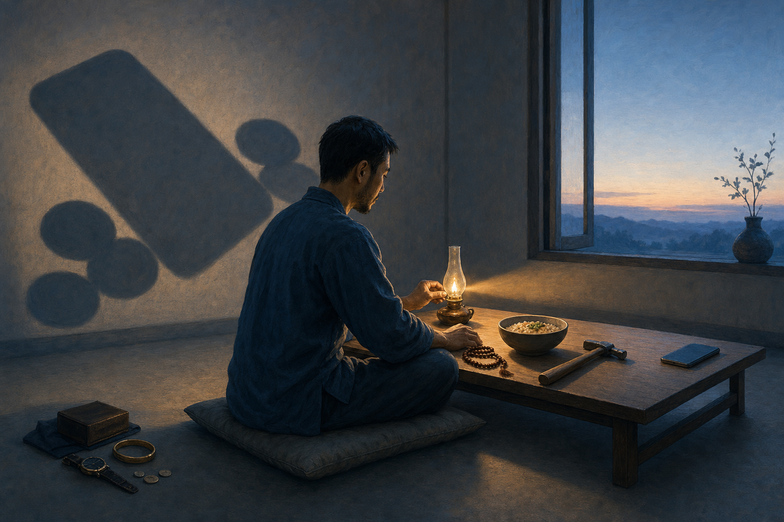 A person at dawn reorders a phone, coins, household objects, meditation beads, and an oil lamp while oversized shadows fall on the wall.