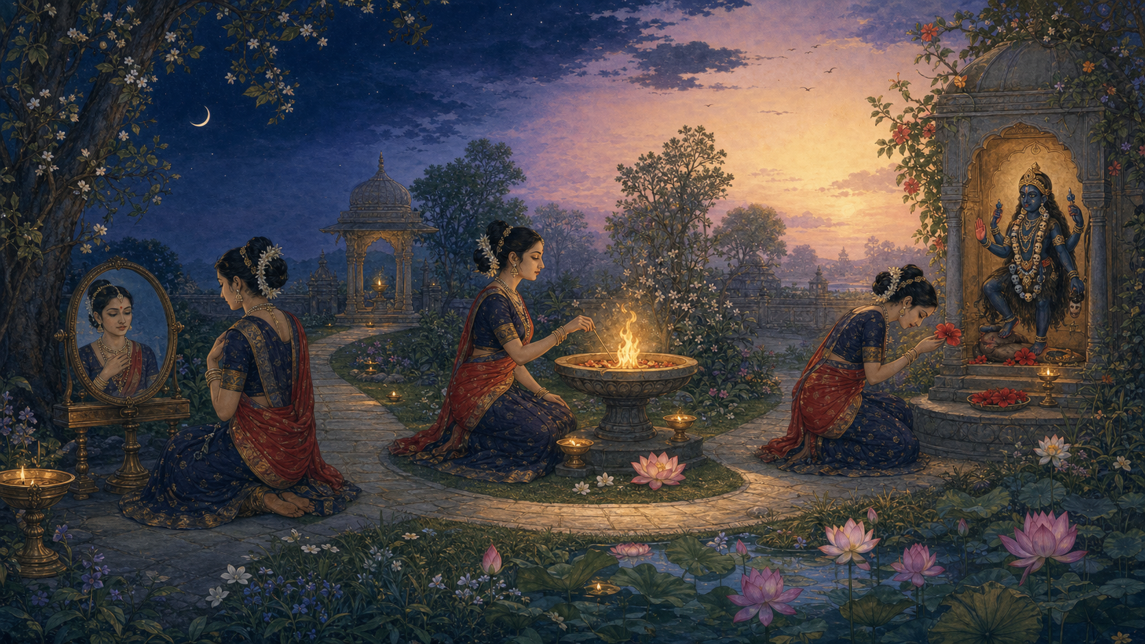 A Yogini moves through a temple garden, looking into a bronze mirror, tending a ceremonial flame, and offering a red hibiscus at a small Kali shrine.