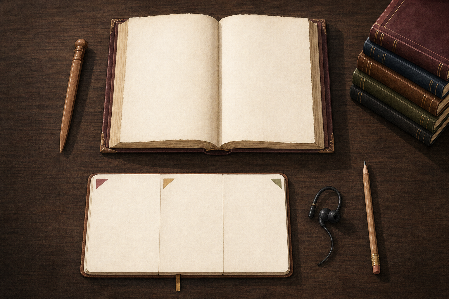 An open book, a divided blank notebook, a page pointer, an earpiece, and a pencil form an organized reading workspace.