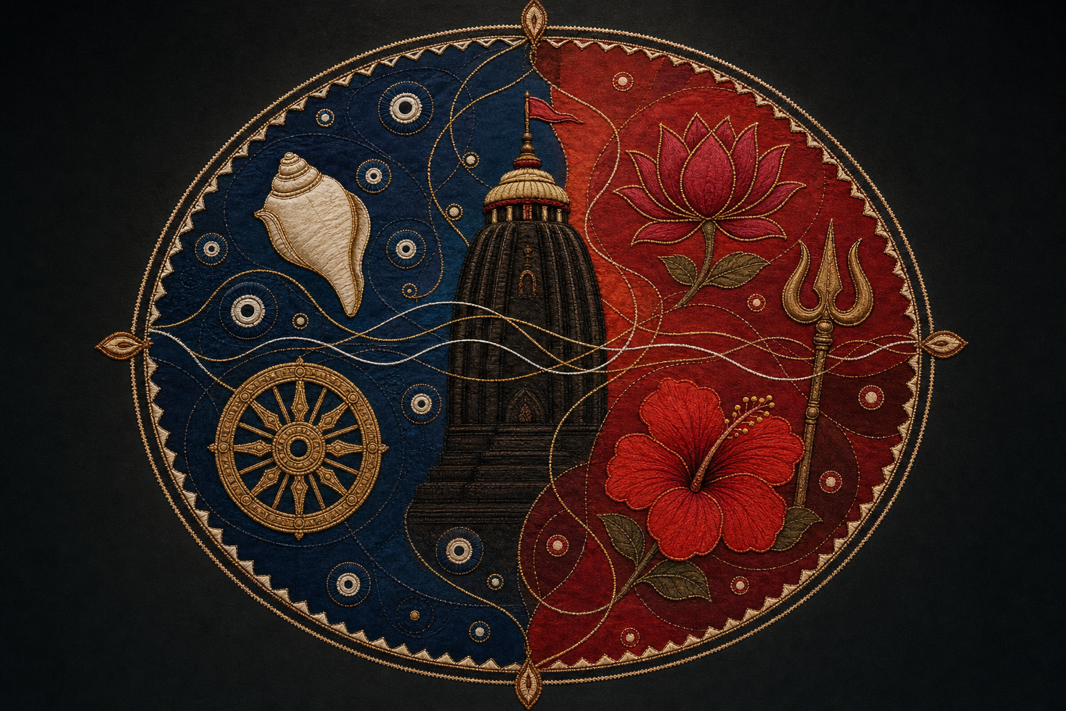 A textile-style composition places conch and discus motifs opposite lotus, hibiscus and trident motifs, joined by crossing threads around a central temple tower.