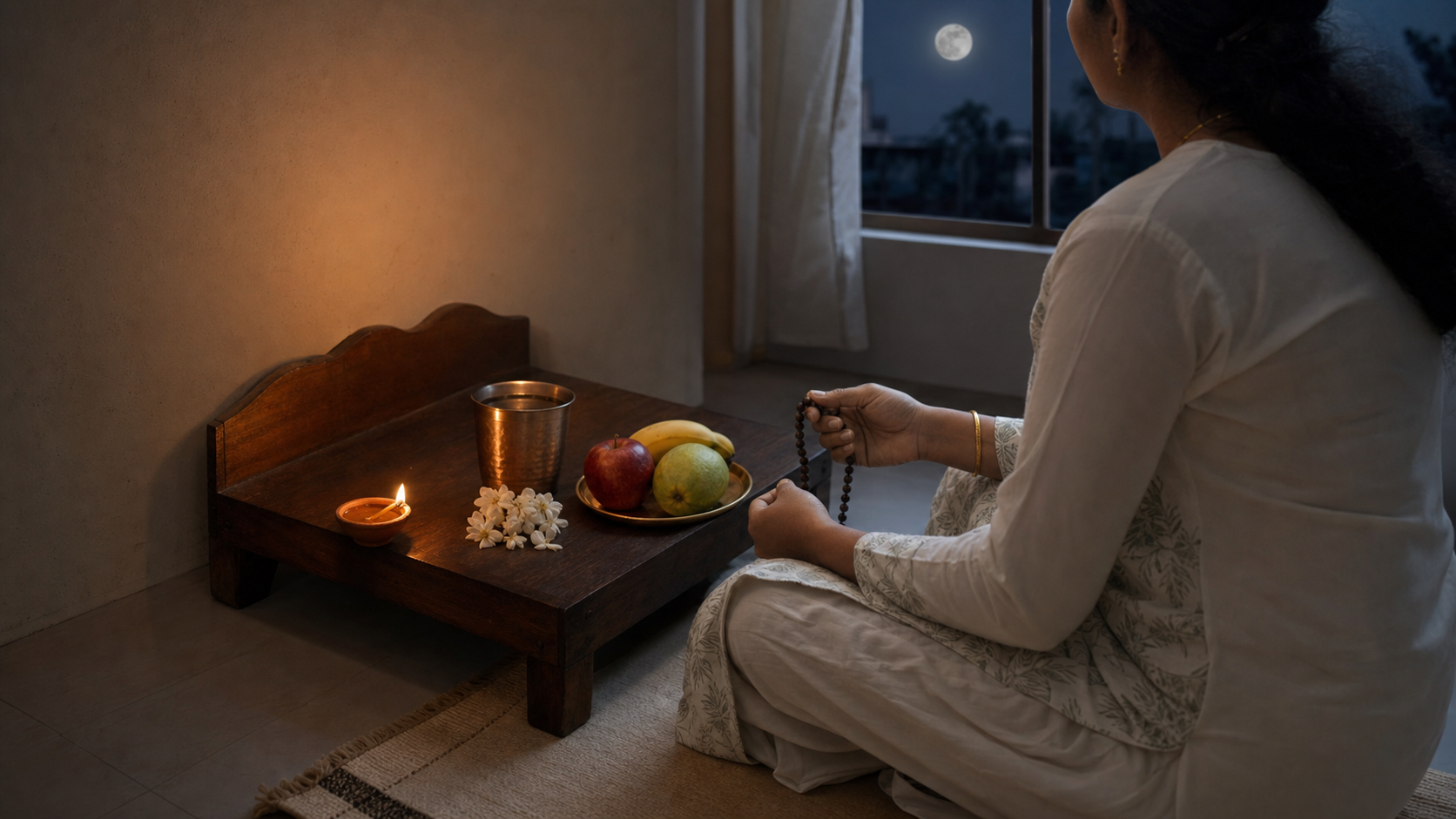 A devotee sits on a cotton mat with prayer beads beside a simple home altar holding a diya, water, fruit, and white flowers.