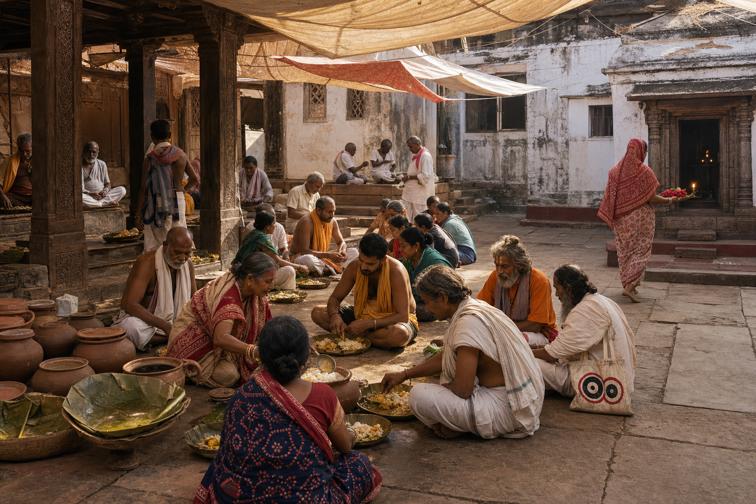 An Indian host discusses a puja display with a diverse group of adults while a Swastika-marked Kalash, marigolds, and a brass lamp sit in the foreground.