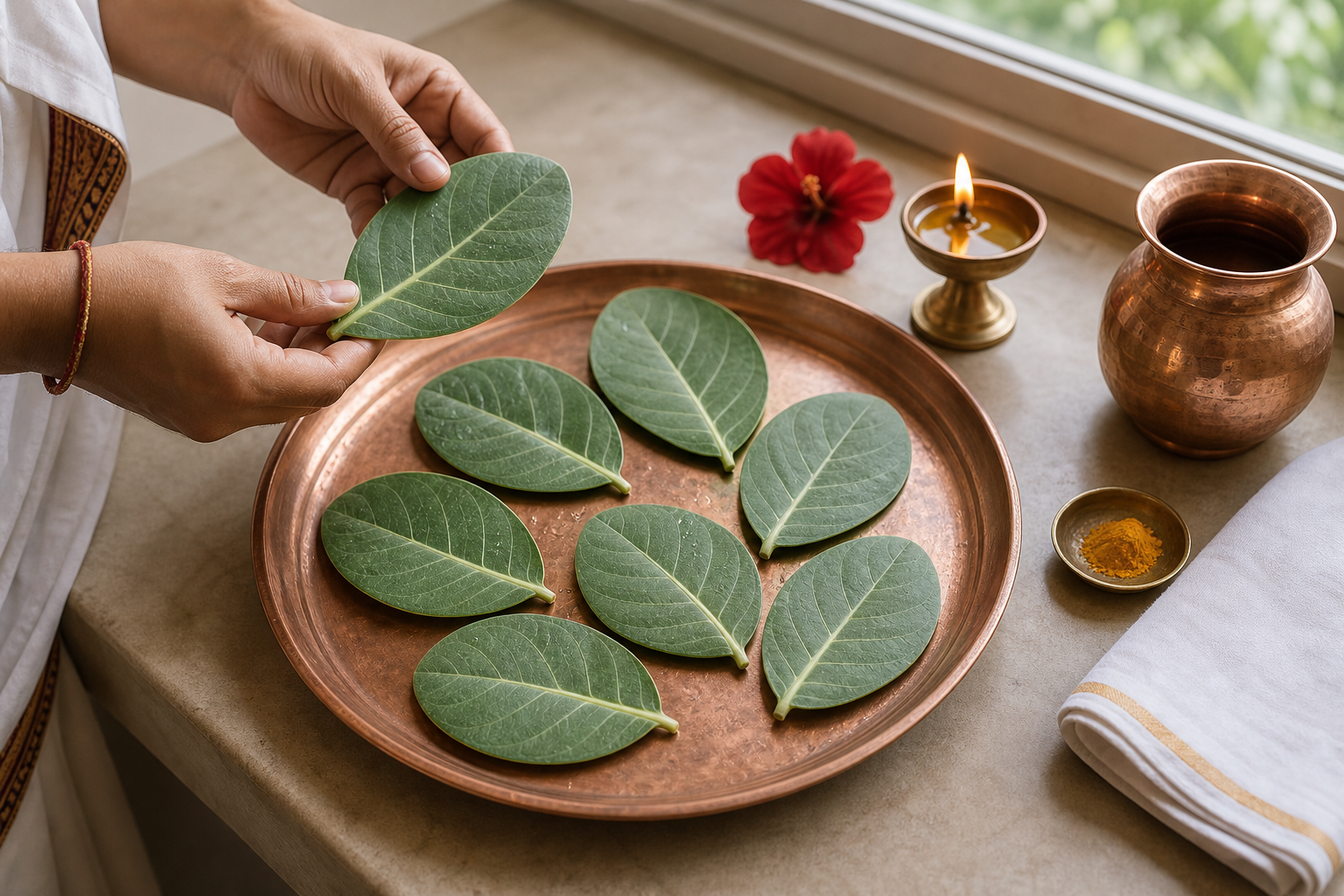 Seven washed Arka leaves are arranged on a copper tray with a lamp, flowers, and a water vessel for worship.