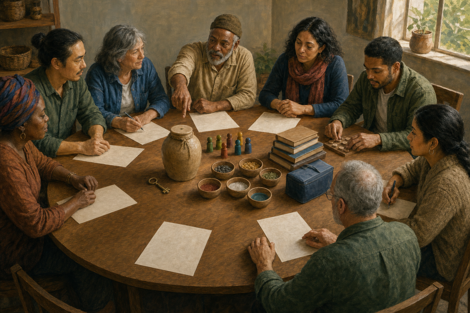 A diverse council sits around a circular table discussing blank documents, a sealed donation vessel, books, a medical kit, keys, bowls, and wooden counters.
