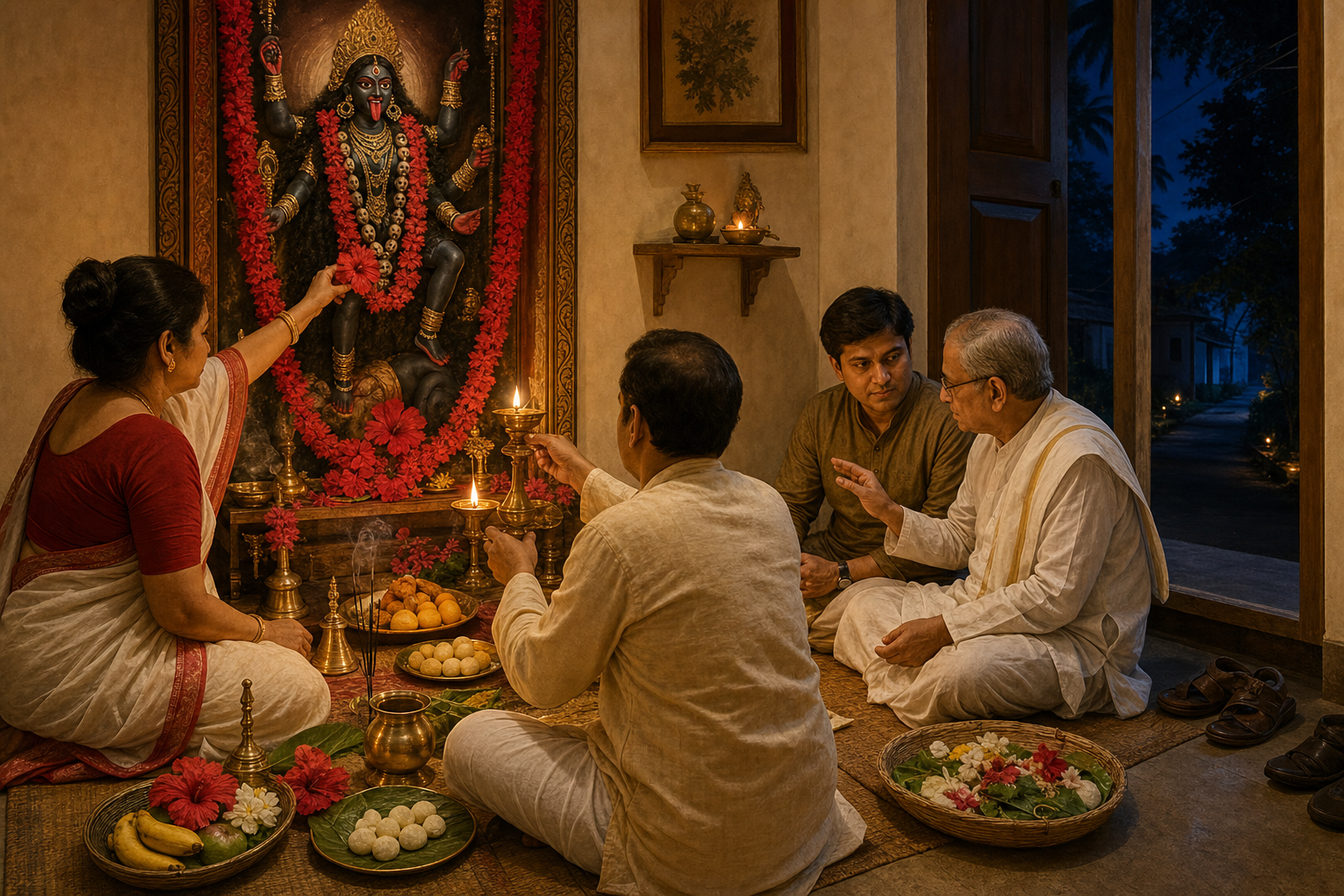 Adult devotees sit around a household Kali altar with hibiscus flowers, fruit, incense, brass vessels, and oil lamps while performing puja with calm, careful gestures.