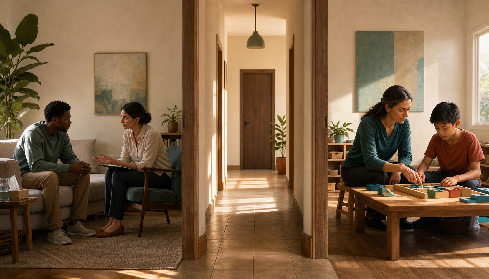 A clinician listens privately to a seated patient in one room while a teacher helps a learner with a geometric puzzle in an adjoining classroom.