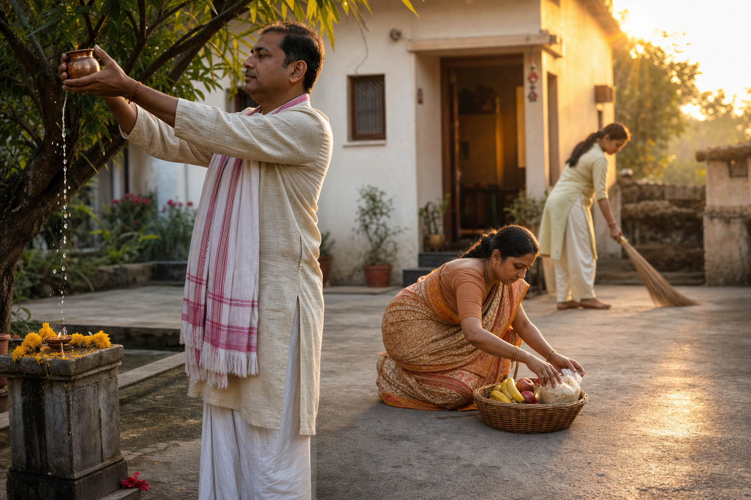 A household combines a sunrise water offering with preparing food for donation and caring for the home.