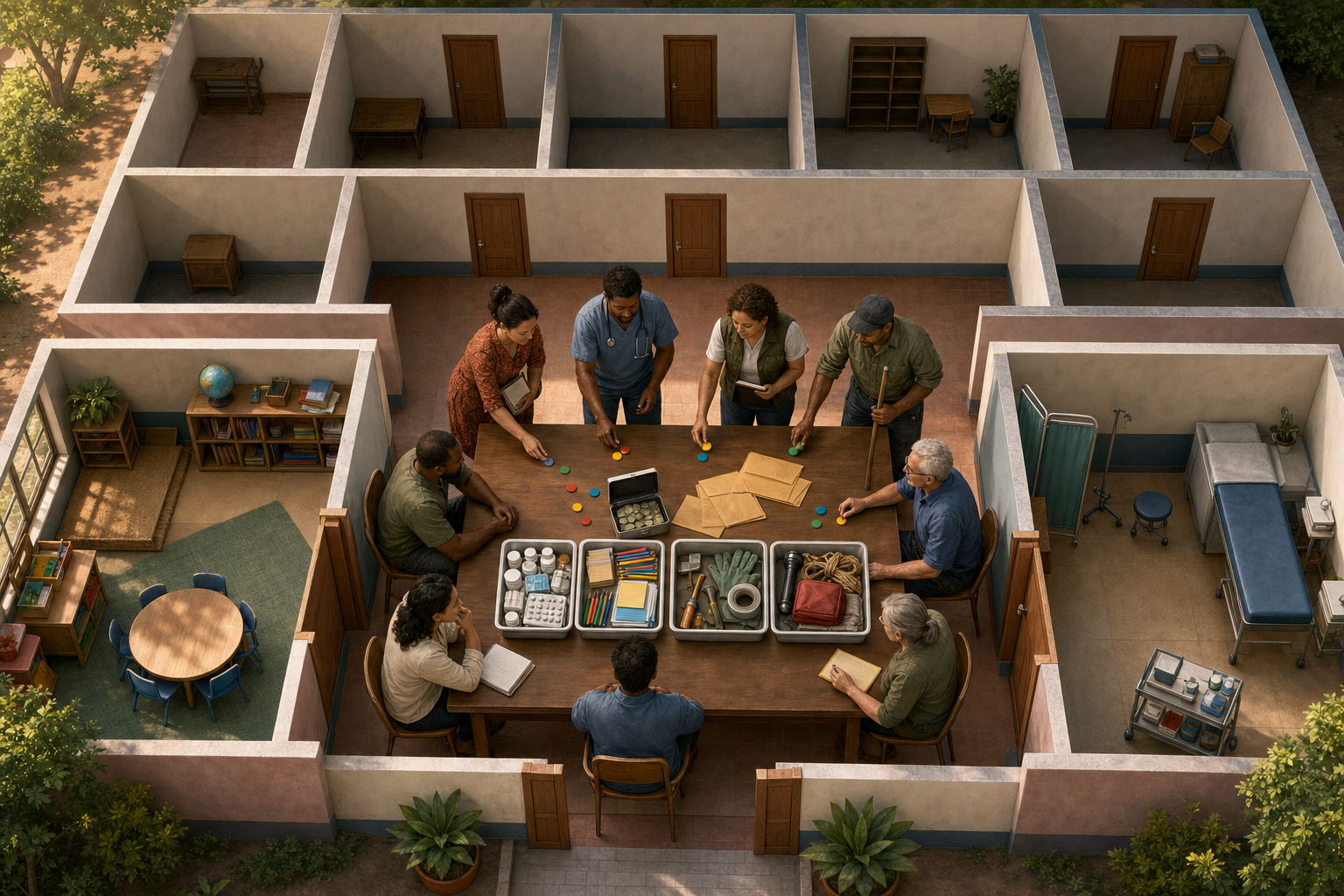 An overhead view of a small classroom-and-clinic pilot with closed unused rooms and a review team sorting anonymous tokens, envelopes, supplies, and reserve containers.