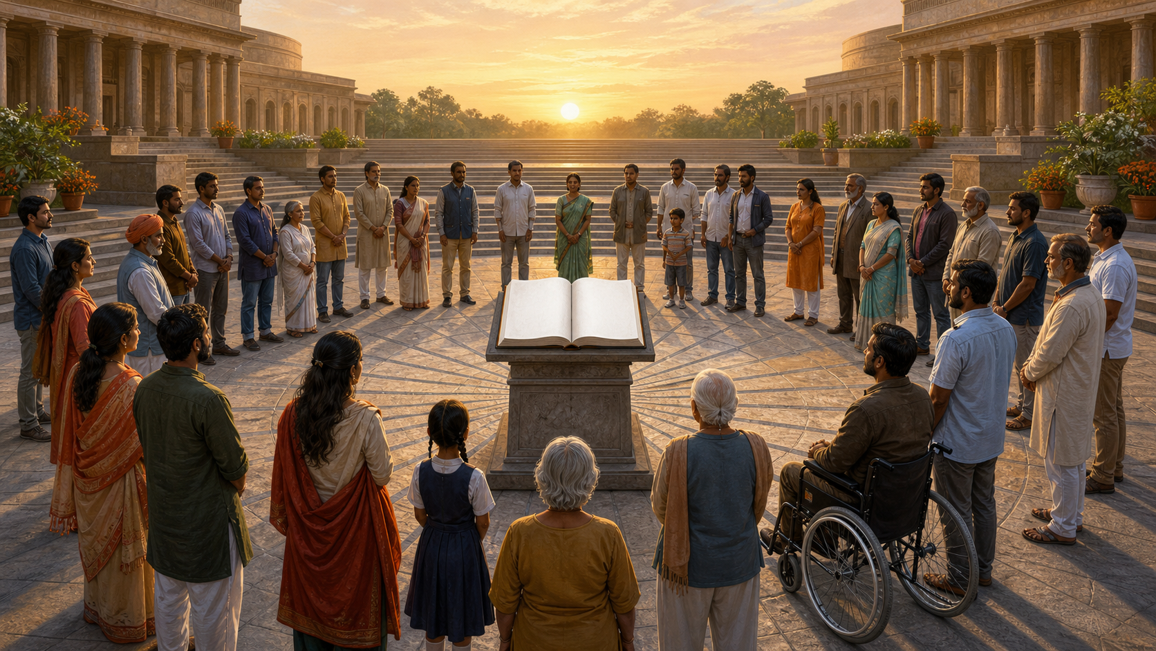 A diverse group of Indian citizens gathers around an open book on the steps of a civic building at sunrise.