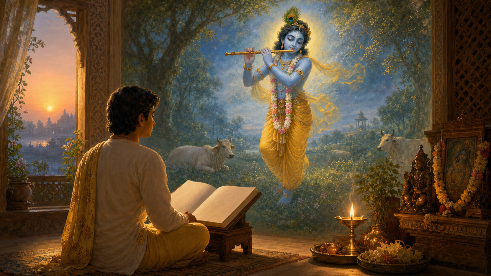 A devotee reads an open sacred book at dawn while a luminous vision of blue-skinned Krishna with a flute appears beyond the pages.