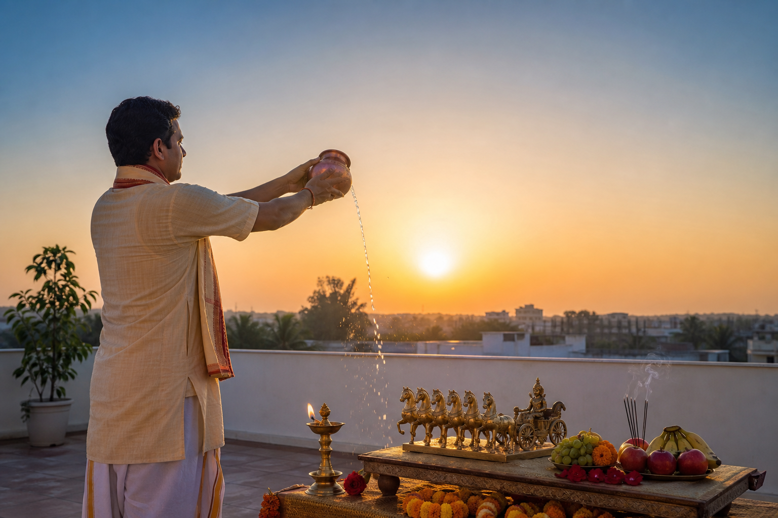 A devotee offers water from a copper vessel toward the rising sun beside a simple Ratha Saptami puja arrangement.