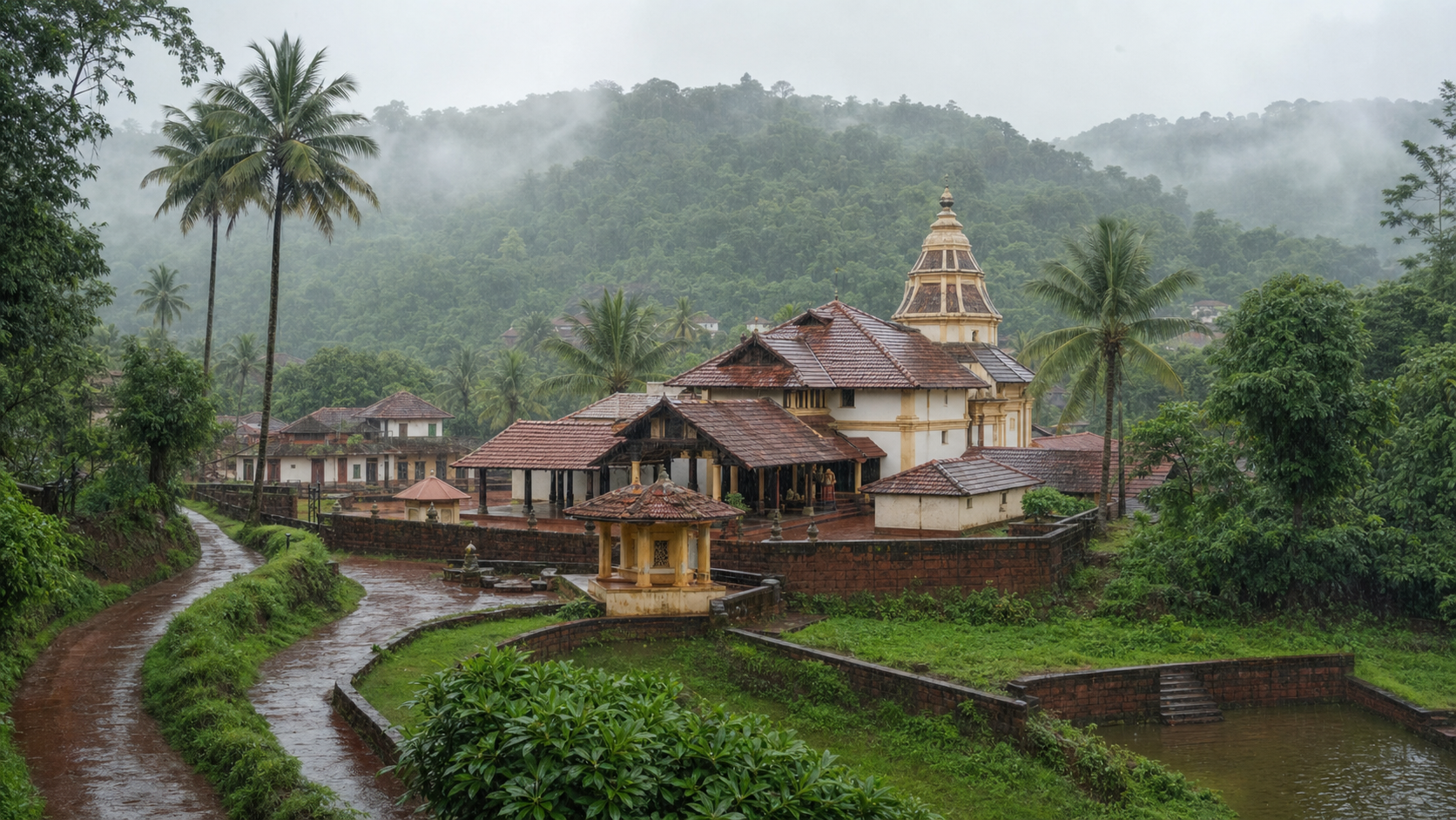 Illustrated wide view of a Goan Hindu temple complex surrounded by red earth, palms, dense vegetation, roads, and the forested inland landscape near Farmagudi.