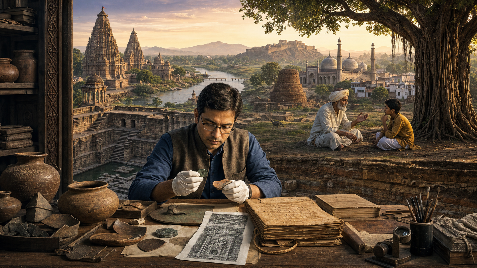 A historian examines artifacts and archival folios at a table overlooking a layered Indian landscape with a river, stepwell, religious monuments, a fort, a village, and two generations beneath a banyan tree.